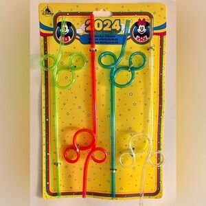 Disney Parks Mickey Mouse Head Neon Drinking Straw Reusable Plastic Set Of 4 New